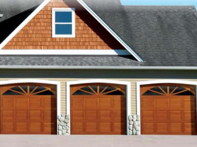 traditional wood overhead garage door on house